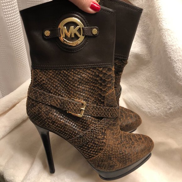 Michael Kors Stockard Stiletto Platform Snakeskin Bootie Size 9.5 Brown Leather - Picture 9 of 14